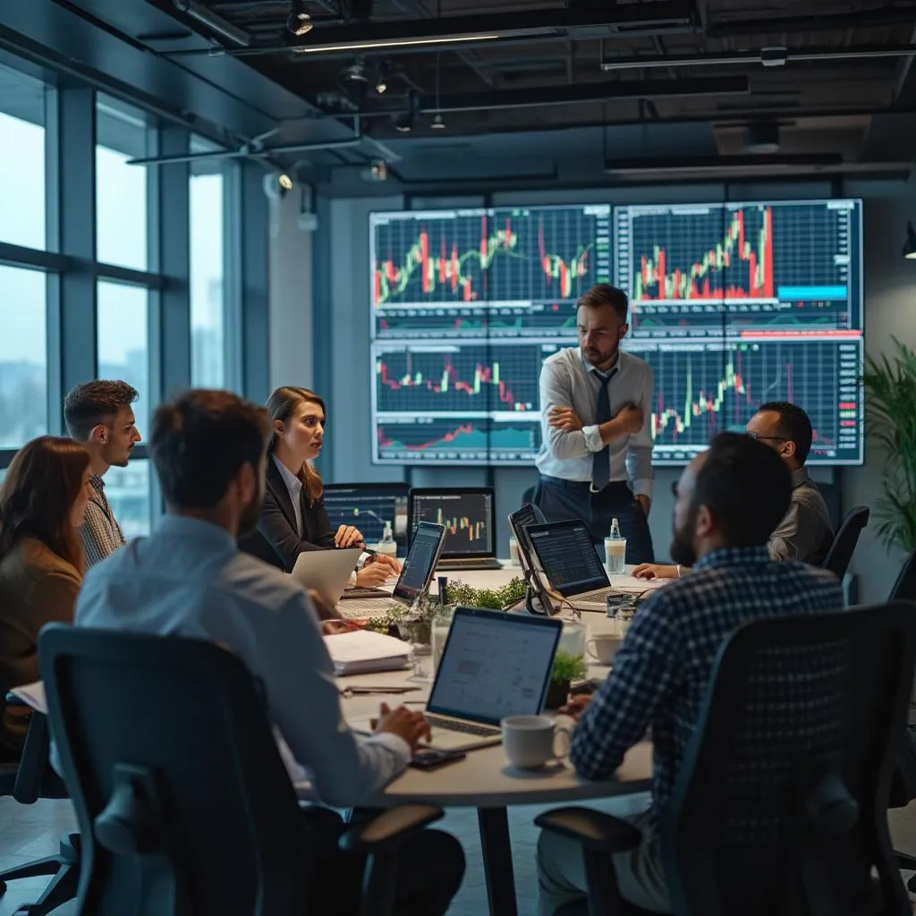 Equipe de consultores financeiros analisando gráficos de investimento em um escritório moderno