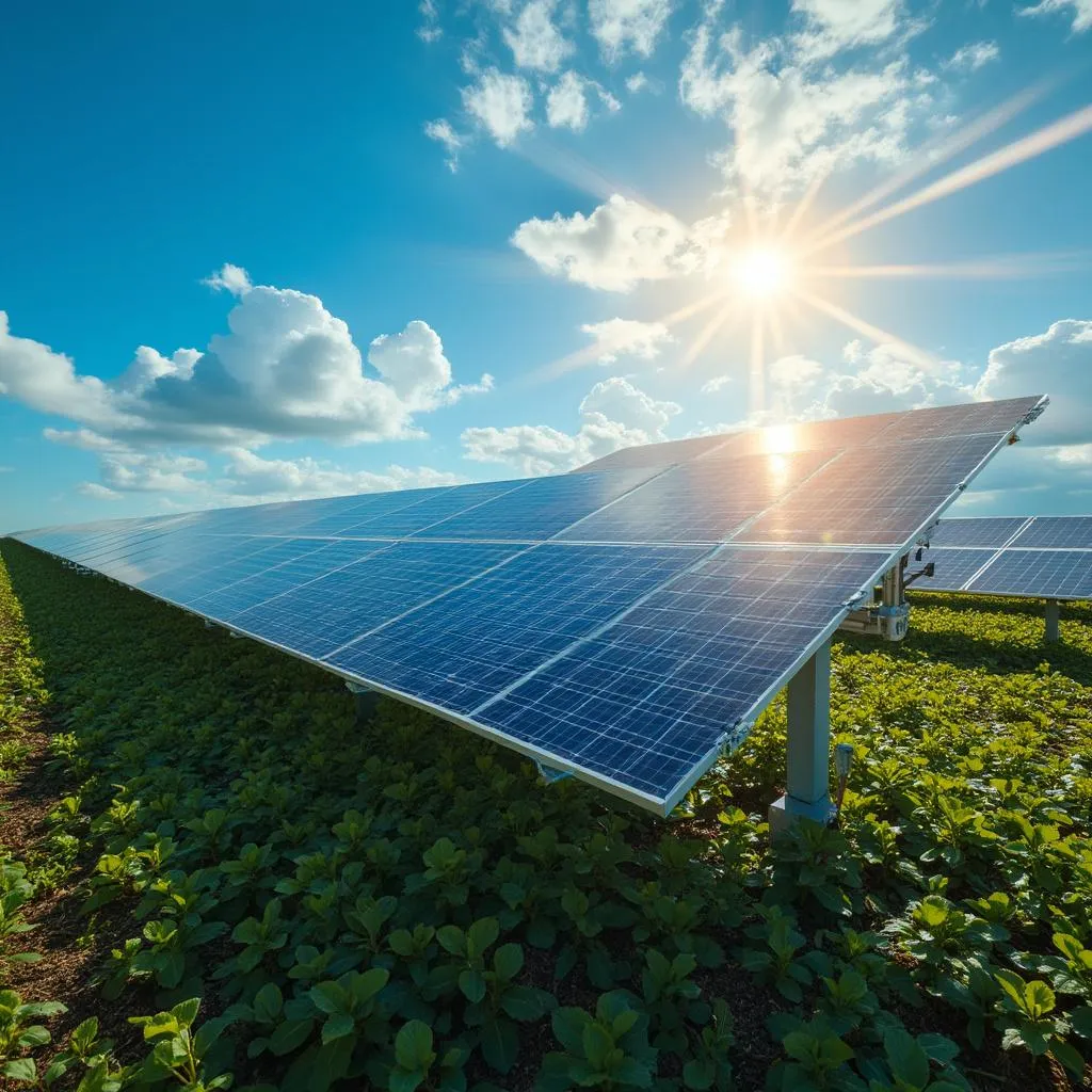 Painéis solares em uma usina de energia renovável no Brasil